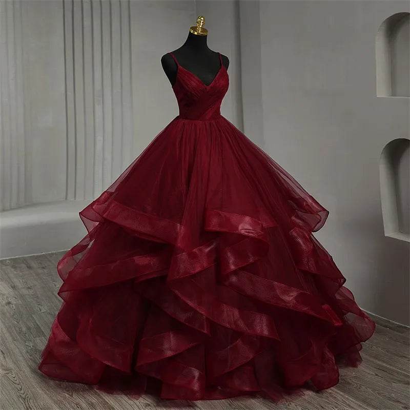 Dark Red Spaghetti Strap V-Neck Quinceanera Dress - Boho Ball Gown - Buy Center US