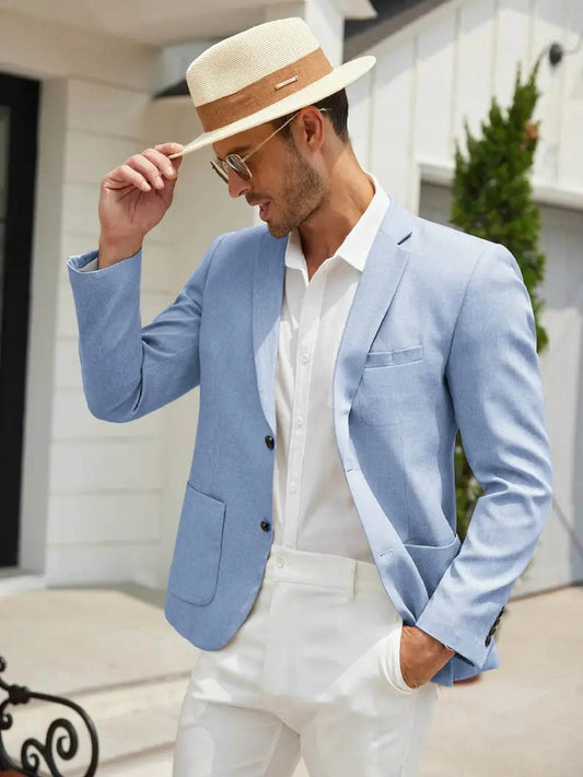 Men's Slim Fit Two-Button Blue Suit Jacket - Stylish Casual Blazer - Buy Center US