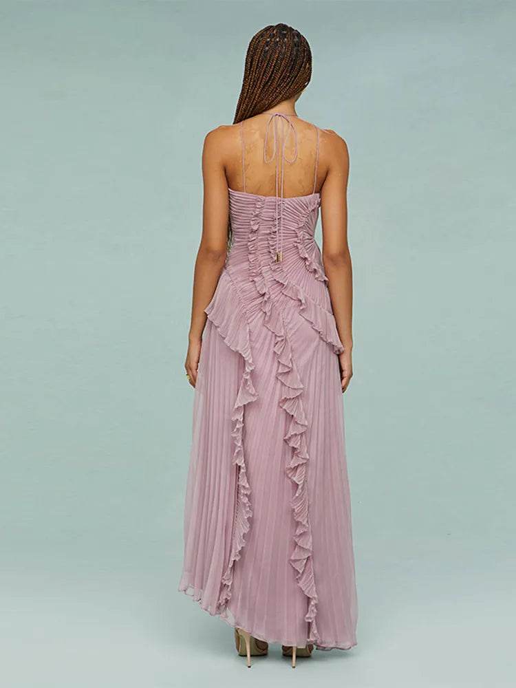 Elegant Backless Evening Gown - Ruffles & Lace Up Detail - Buy Center US
