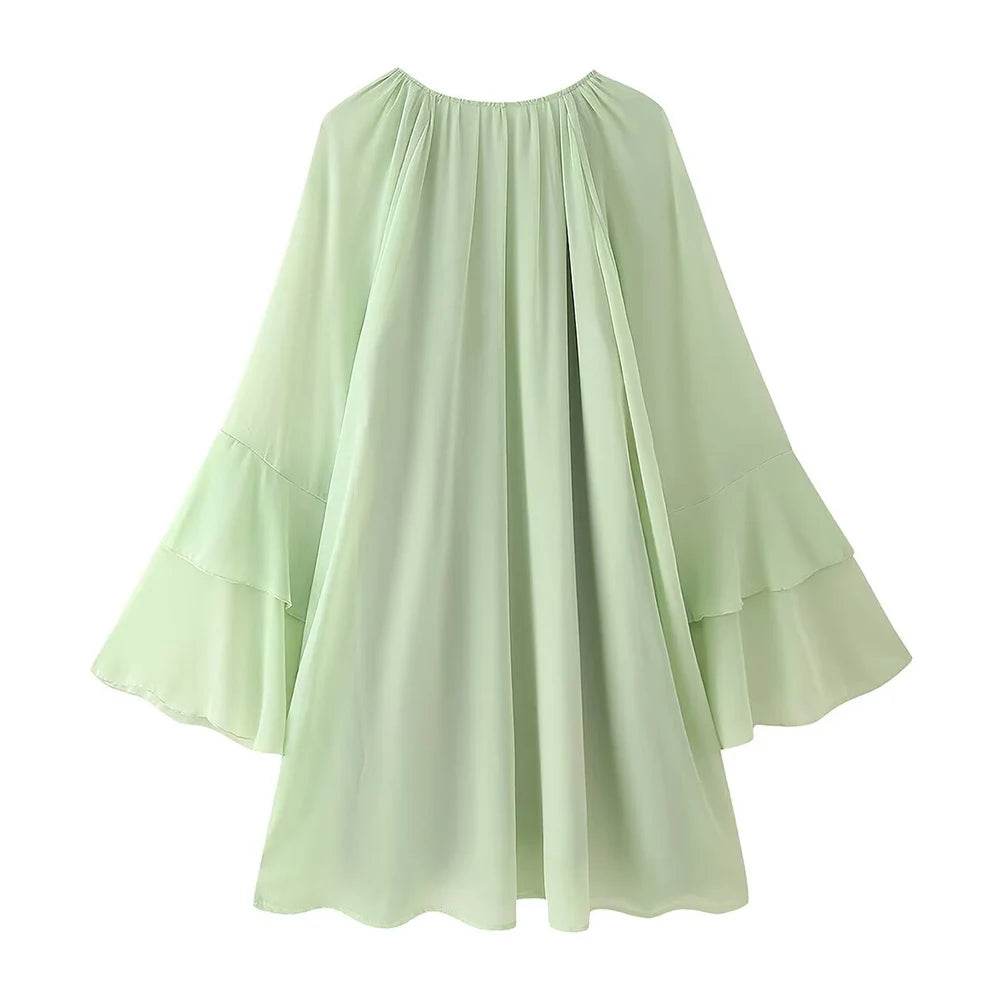 PB&ZA Women’s Frill Round Neck Dress - Fresh Green, Loose Fit Style - Buy Center US
