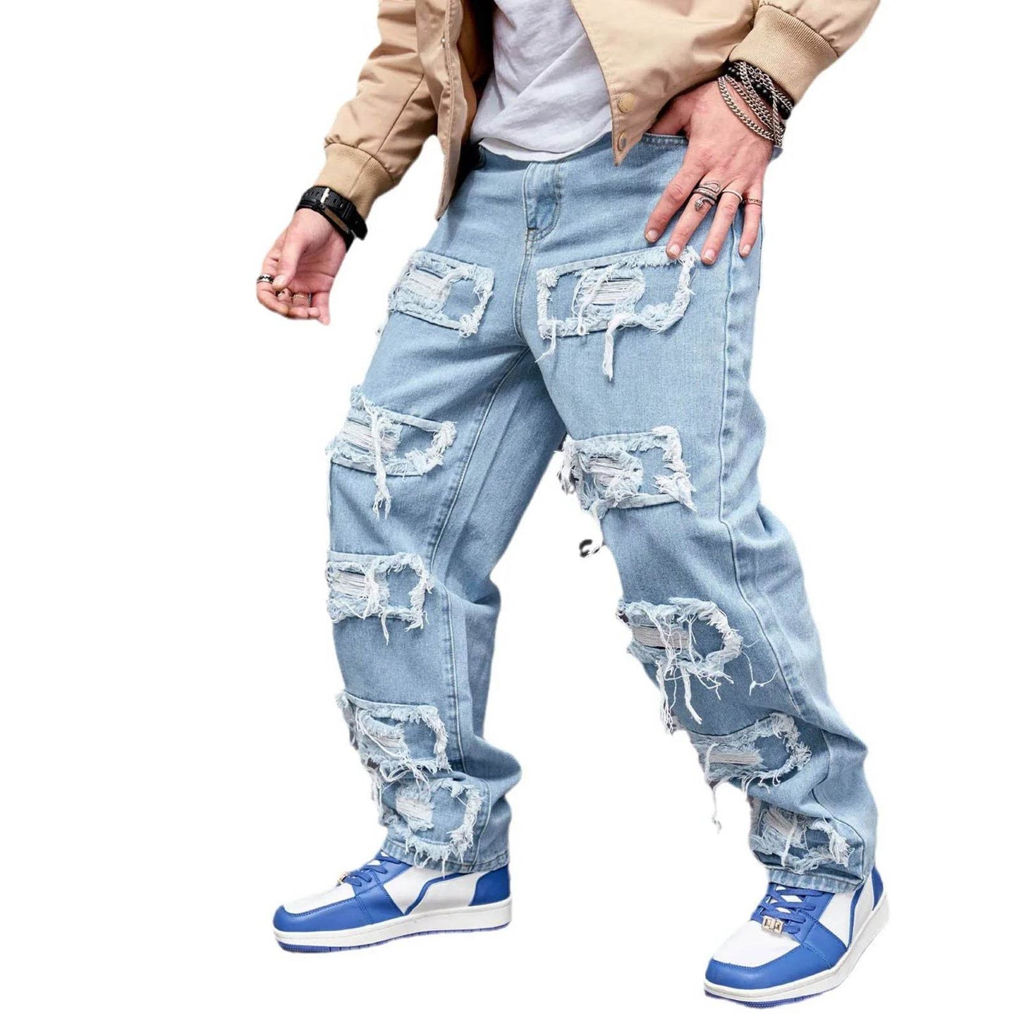Men's Distressed Denim Jeans - Stylish Casual Straight Cut Pants - Buy Center US