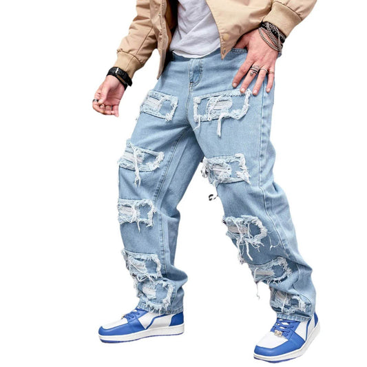 Men's Distressed Denim Jeans - Stylish Casual Straight Cut Pants - Buy Center US