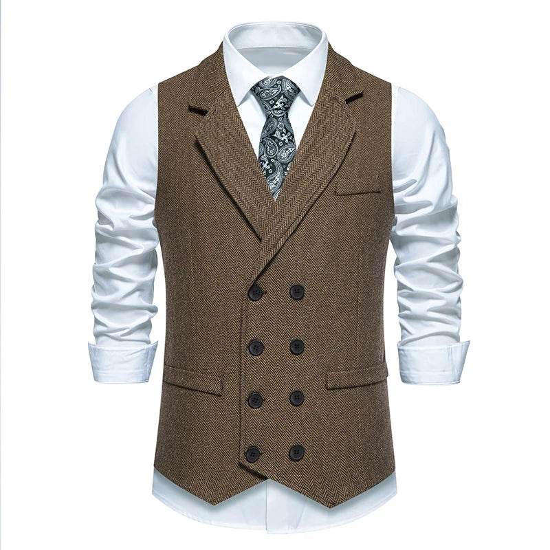Men's Double Breasted Herringbone Vest - Casual Formal Suit Option - Buy Center US
