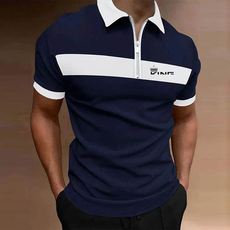 Men's Striped Zipper Polo Shirt - Casual Summer Top in Contrast Colors - Buy Center US