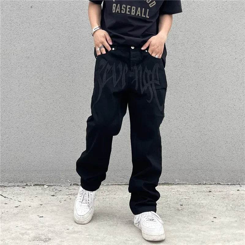 Black Baggy Straight Jeans for Men - Vintage Hip-Hop Style Denim - Buy Center US