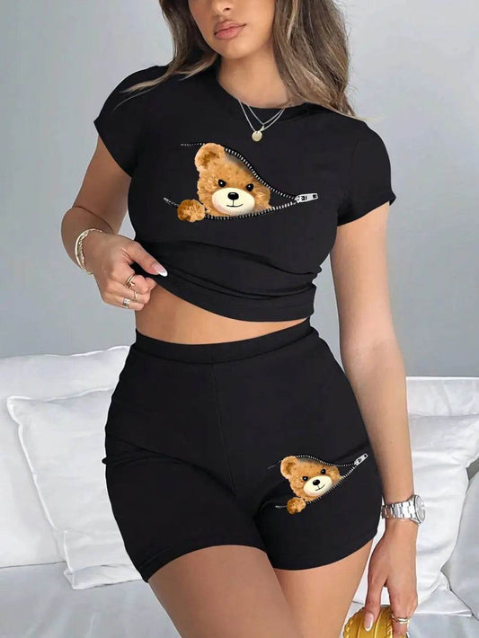 Teekossc Women's Slim Crop T-Shirt & Shorts Set - Teddy Bear Print - Buy Center US