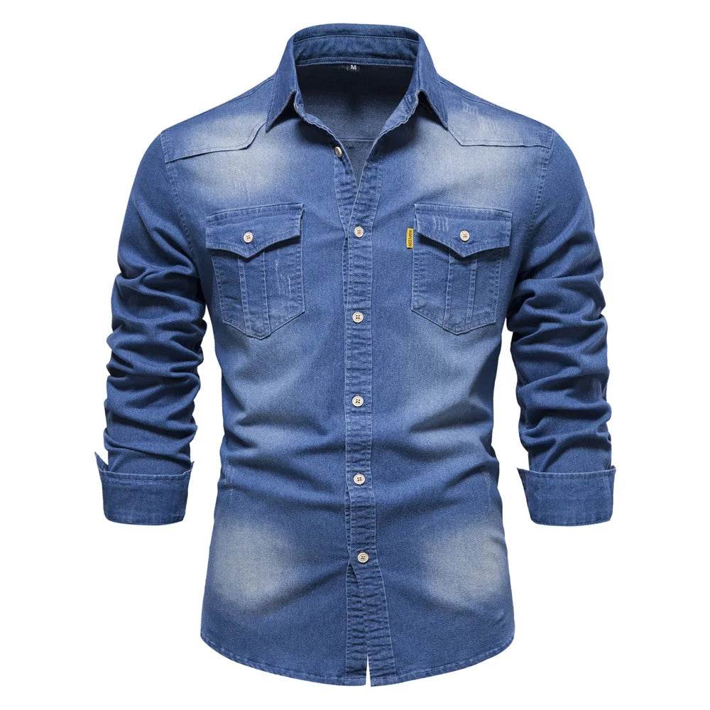 High-Quality Cotton Denim Shirt - Men's Slim Fit Casual Long Sleeve - Buy Center US