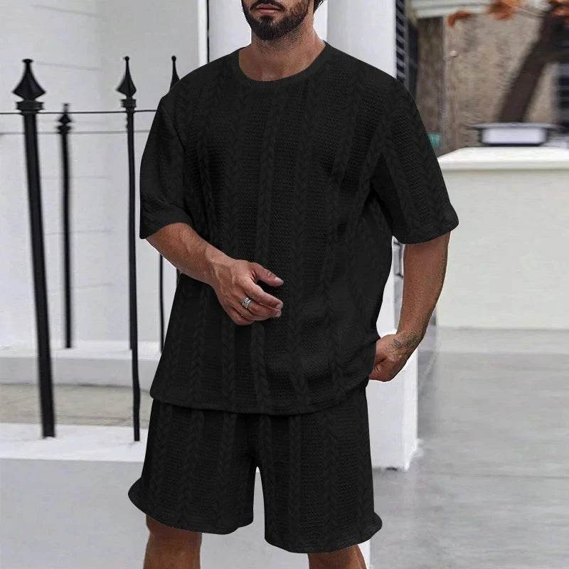 Men’s Casual Tracksuit Set - Solid Color Pullover T-Shirt & Shorts - Buy Center US