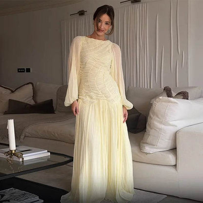 Elegant Pleated O-Neck Long Dress - Women's Summer Beach Chic - Buy Center US