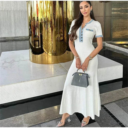 Elegant Women's Knit Maxi Dress - Chic O-neck with Metal Buttons - Buy Center US