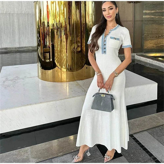 Elegant Women's Knit Maxi Dress - Chic O-neck with Metal Buttons - Buy Center US