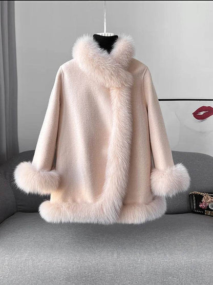 Elegant Real Fox Fur Collar Coat - Women's Wool Cloak for 2024 - Buy Center US