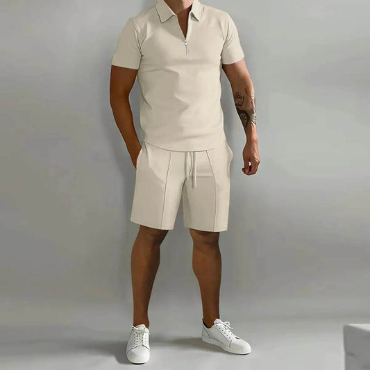 Men's Casual Solid Color Polo Shirt & Vertical Stripe Pants Set - Buy Center US