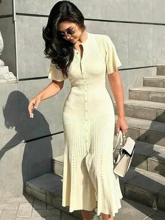 Elegant Knit Dress for Women - Ankle-Length Short Sleeve O-Neck - Buy Center US