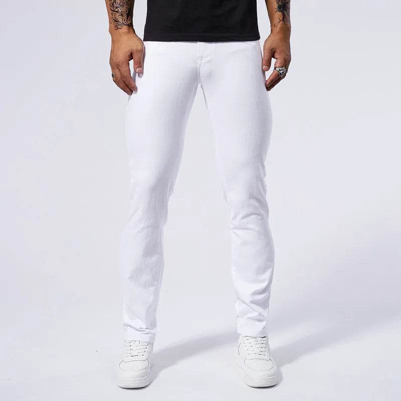 Men's White Casual Stretch Jeans - Ankle-Length Straight Fit - Buy Center US