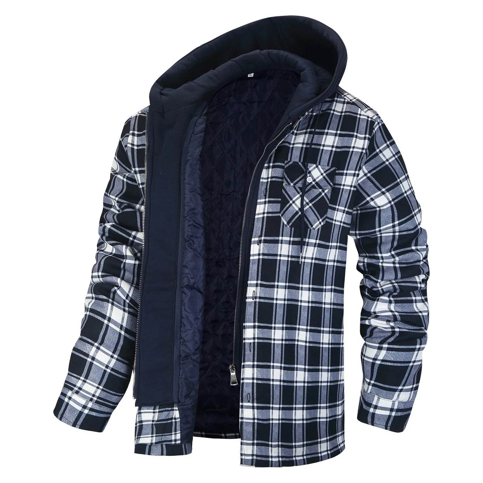 Men's Winter Flannel Cotton Shirt Jacket with Hood - Quilted & Warm - Buy Center US