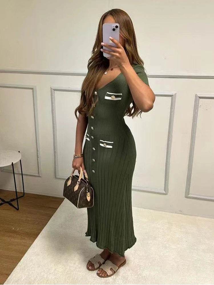 Elegant Office Lady Knitted Dress - Short Sleeve V-Neck Style - Buy Center US
