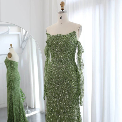 Sharon Said Luxury Mermaid Evening Dress - Green Tulle Gown with Gloves - Buy Center US