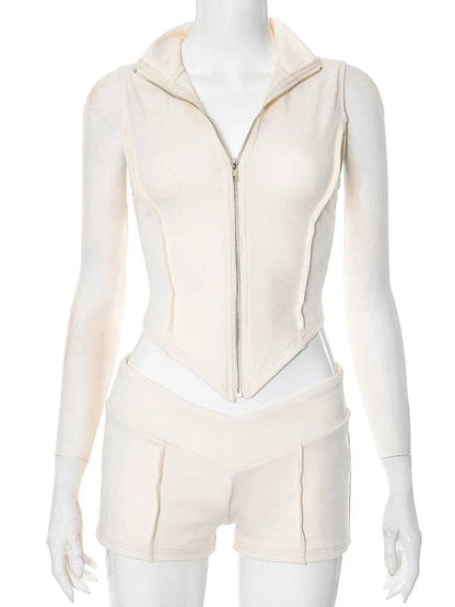 Weird Puss Women's Patchwork 2 Piece Set - Zipper Cardigan & Shorts - Buy Center US