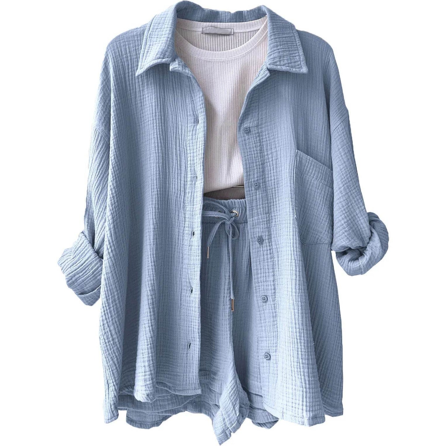 Women's Summer Shorts Set - White Casual Outfit with Long Shirt - Buy Center US