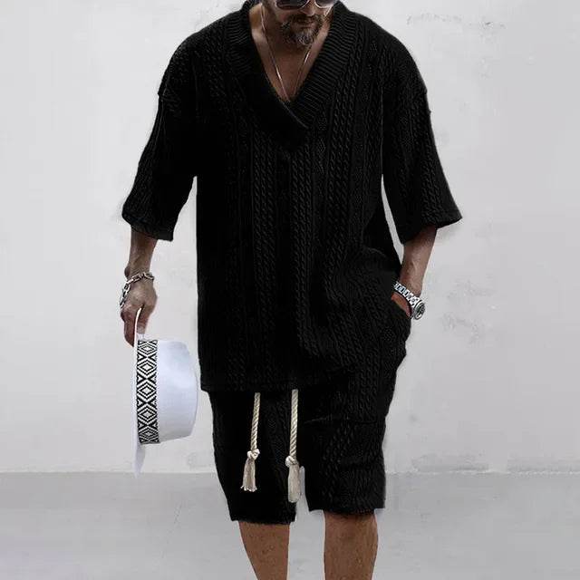 2024 Summer Casual Men's Knit Shorts Set - V-Neck Tee & Drawstring Shorts - Buy Center US