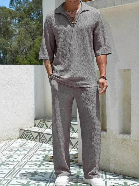 Men's Retro Casual Suit - Solid V-Neck Shirt & Drawstring Pants Set - Buy Center US