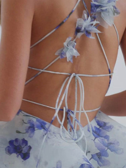 Elegant 3D Flower Print Mini Party Dress - Women's Lace Up A-Line - Buy Center US