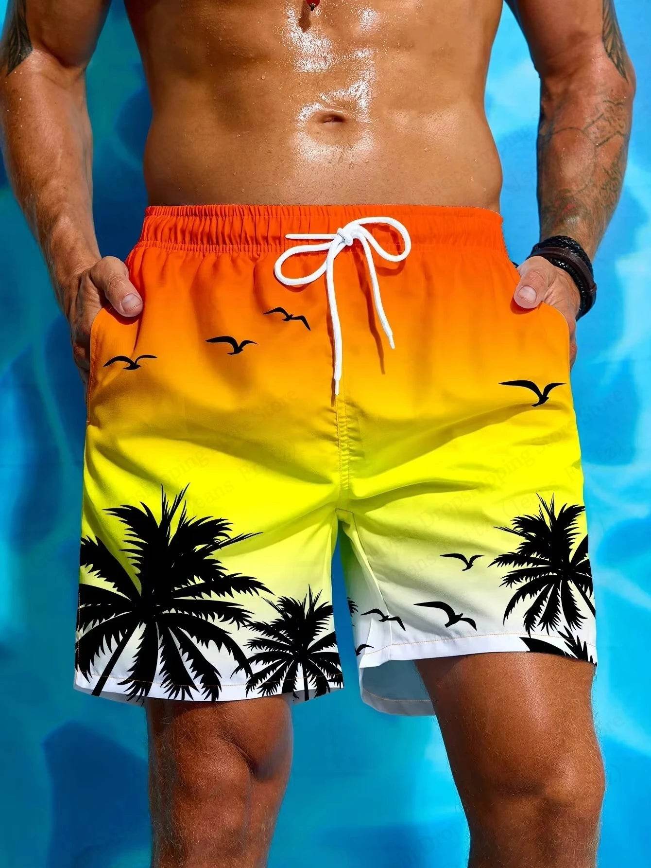 Men's Summer Board Shorts - 3D Palm Tree Print with Drawstring - Buy Center US