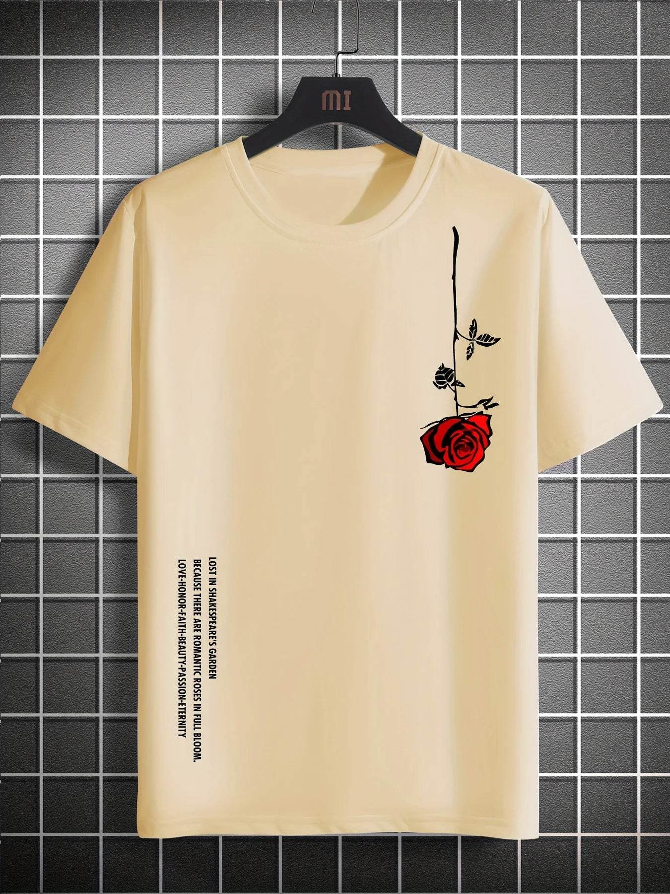 GUILAN Men's Casual Rose Print T-Shirt - 100% Cotton, Slim Fit Style - Buy Center US