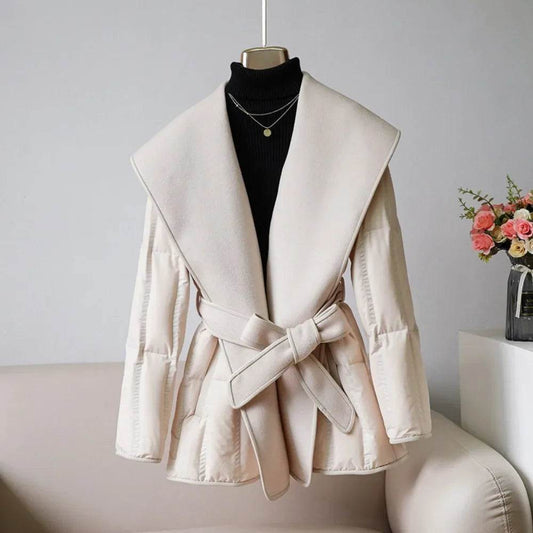 Lady Puffer Jacket with Belt - Warm Wool Cashmere Down Coat 2024 - Buy Center US