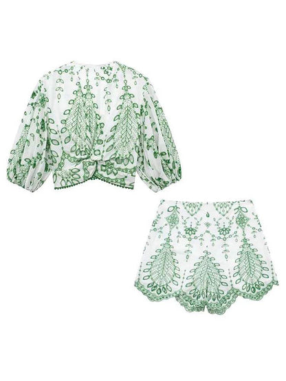 Summer 2024 Women’s 2-Piece Shorts Set - Fashionable Embroidery Blouse - Buy Center US