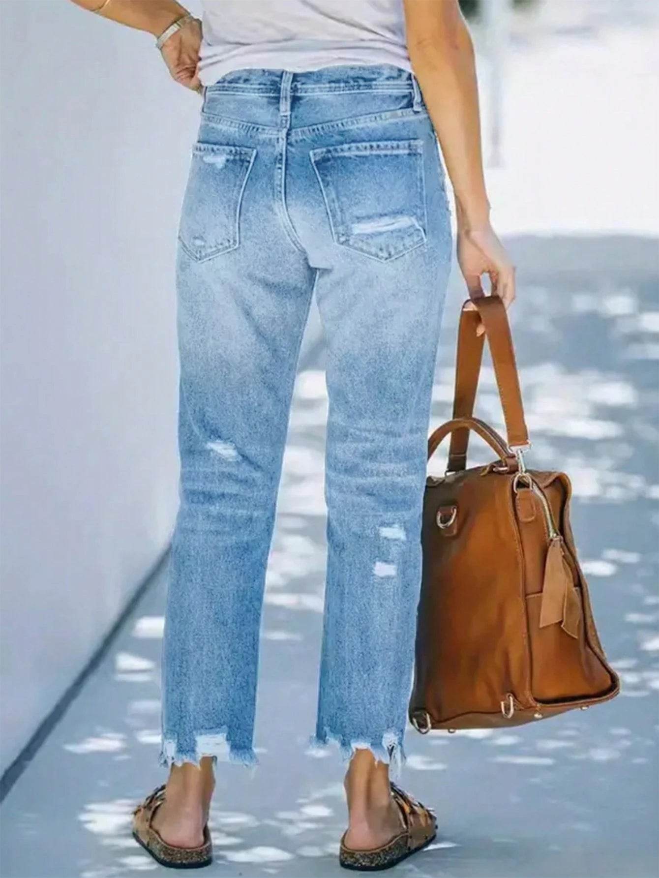 Women's Mid-Waist Straight Ripped Jeans - Casual Ankle-Length Style - Buy Center US
