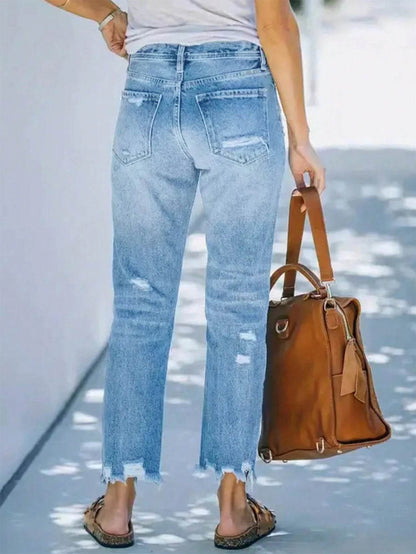 Women's Mid-Waist Straight Ripped Jeans - Casual Ankle-Length Style - Buy Center US