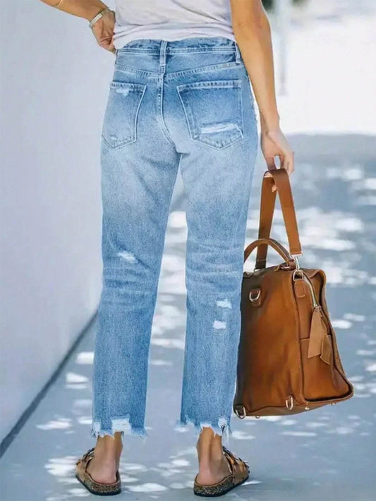 Women's Mid-Waist Straight Ripped Jeans - Casual Ankle-Length Style - Buy Center US