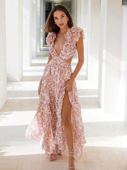 Sexy Pink Floral V Neck Dress - Sleeveless Ruffle Ankle Length - Buy Center US