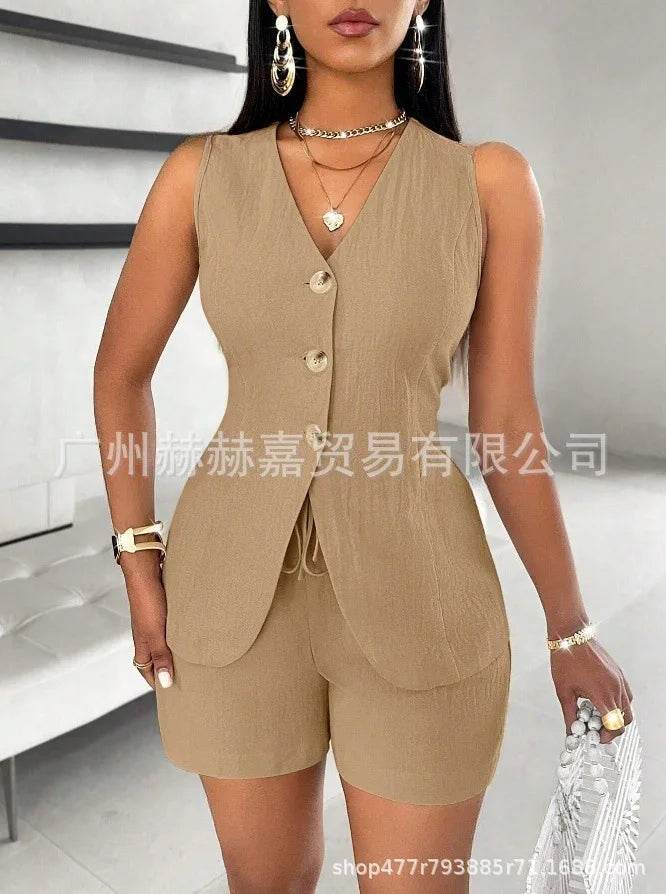 Women's Elegant Commuter Shorts Set - V-Neck Sleeveless Top & Shorts - Buy Center US