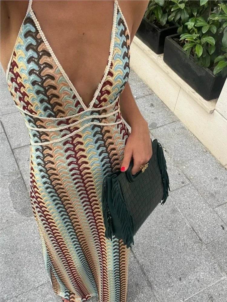 Beainmmry Colorful Deep V-neck Maxi Dress - Chic Sleeveless Design - Buy Center US