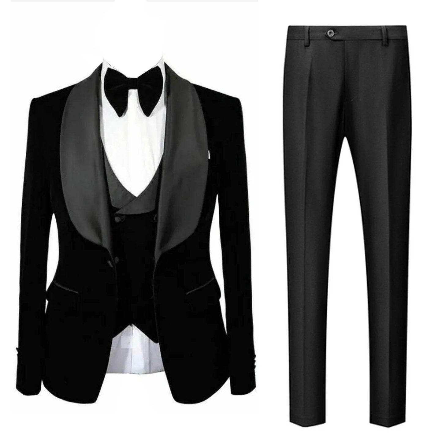 Kromoc Men's 3-Piece Velvet Suit - Black Jacket, Vest & Pants Set - Buy Center US