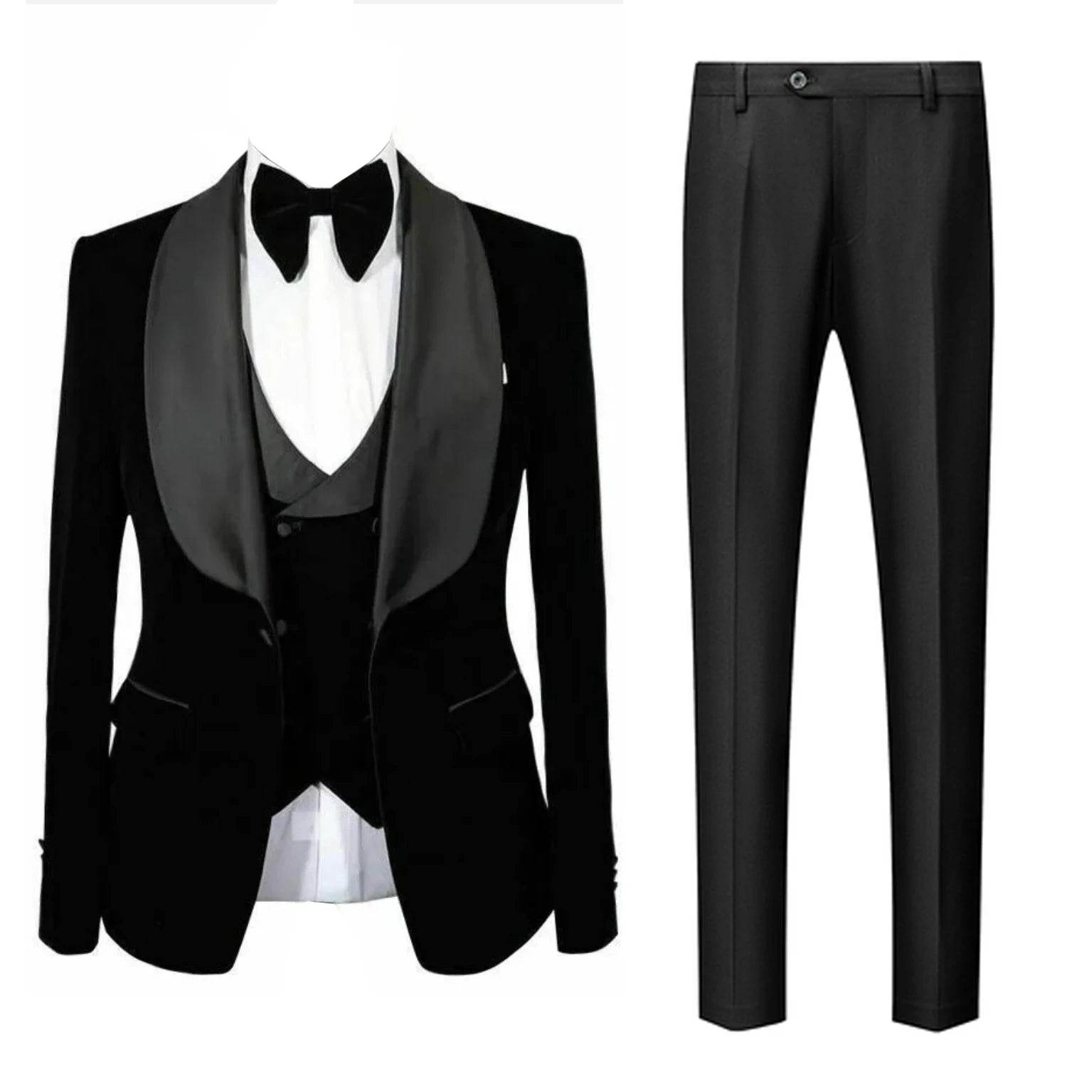 Kromoc Men's 3-Piece Velvet Suit - Black Jacket, Vest & Pants Set - Buy Center US