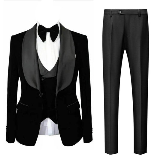 Kromoc Men's 3-Piece Velvet Suit - Black Jacket, Vest & Pants Set - Buy Center US