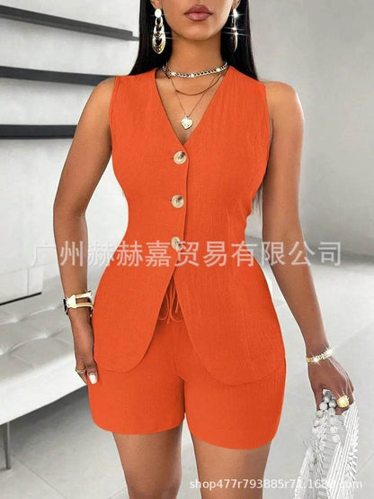 Women's Elegant Commuter Shorts Set - V-Neck Sleeveless Top & Shorts - Buy Center US