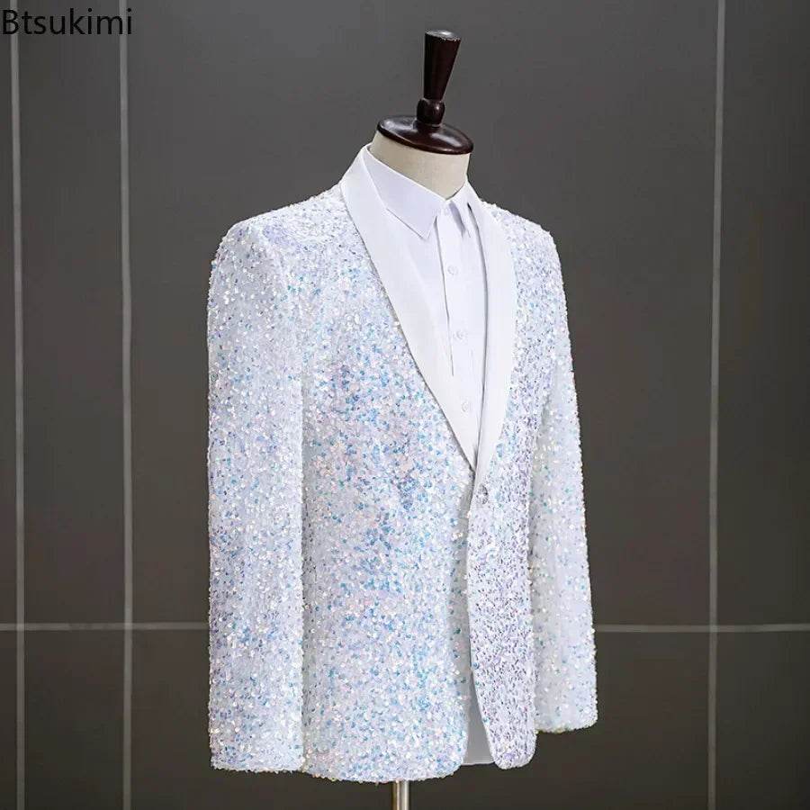 2025 Men's Sequins Suit Jacket - White Green Blazer for Weddings & Parties - Buy Center US