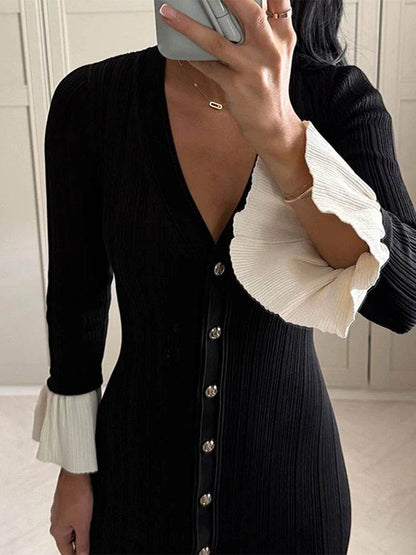 Chic Women’s V-Neck Long Dress - Slim Fit, Patchwork Puff Sleeve - Buy Center US