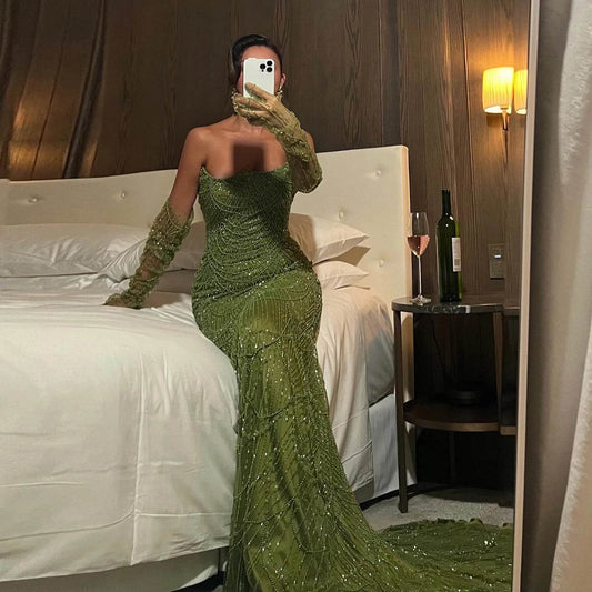 Sharon Said Luxury Mermaid Evening Dress - Green Tulle Gown with Gloves - Buy Center US