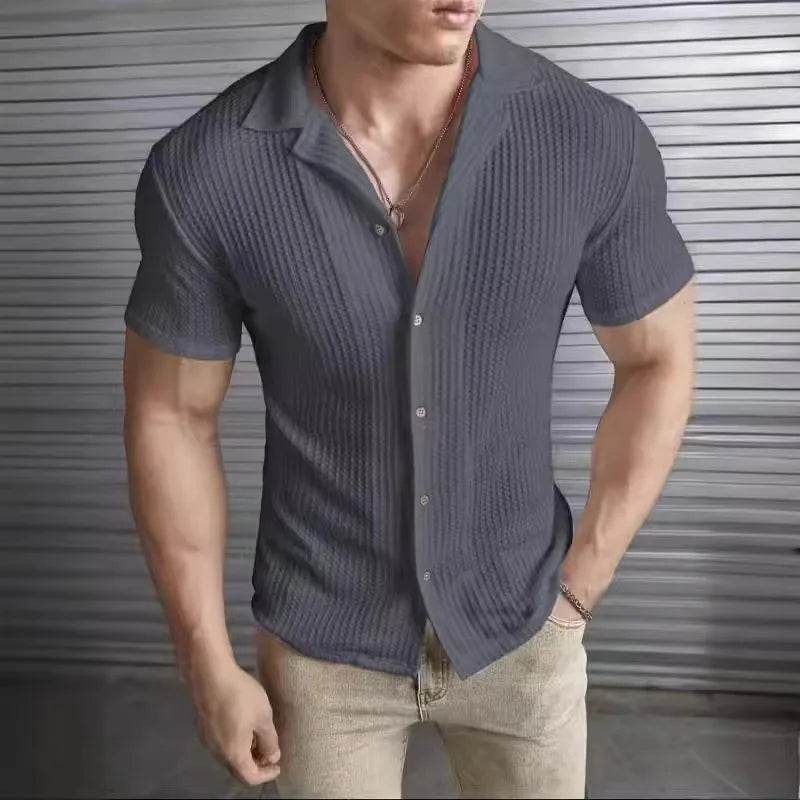Casual Slim Fit Men's Shirt - Short Sleeved Solid Striped Spring Summer Top - Buy Center US