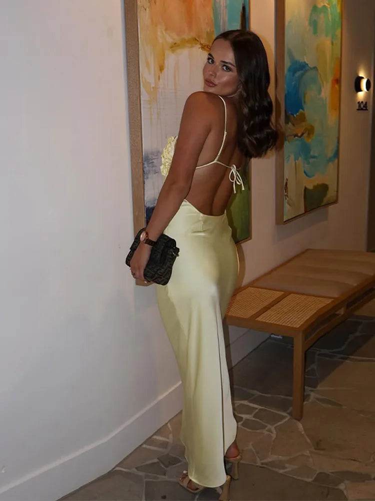 Yellow V-Neck Satin Dress - Sleeveless Backless Women’s Party Wear - Buy Center US