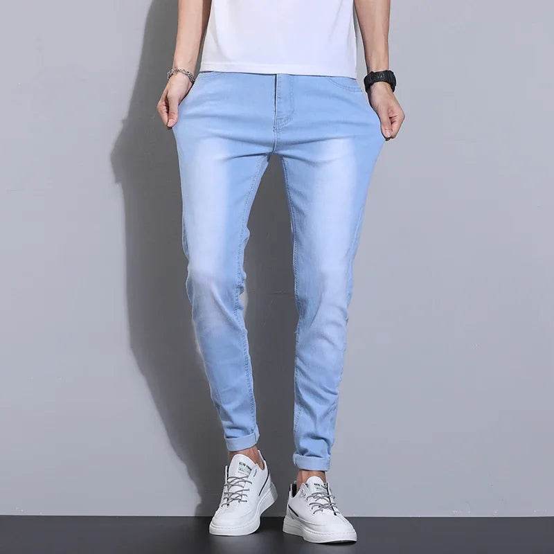 Sky Blue Slim Fit Denim Pants for Men - Classic Smart Casual Style - Buy Center US