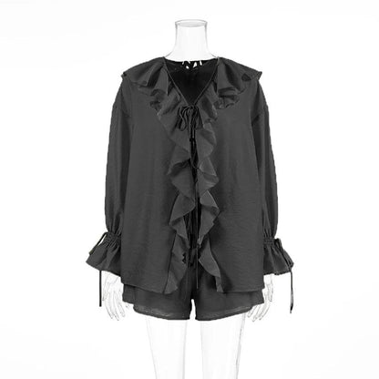 Tornova Women's Ruffled Shorts Set - V Neck Lace Up Casual Style - Buy Center US