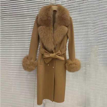 HSPLC Women's Long Wool Blended Coat with Fox Fur Collar - Winter Fashion - Buy Center US