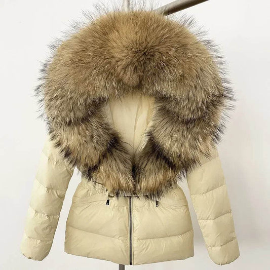 Women's Hooded White Duck Down Coat - Real Raccoon Fur Collar - Buy Center US